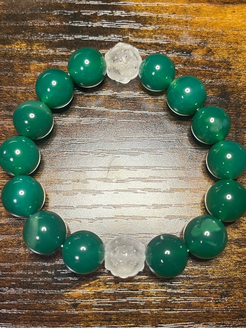 14mm Green Jade Bracelet with Clear Quartz Lotus Flowers - Picture 7 of 7